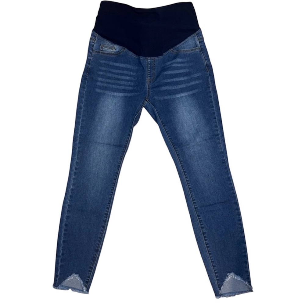 Women's Blue Denim Ankle Cropped Distressed Hem Maternity Jeans - Medium